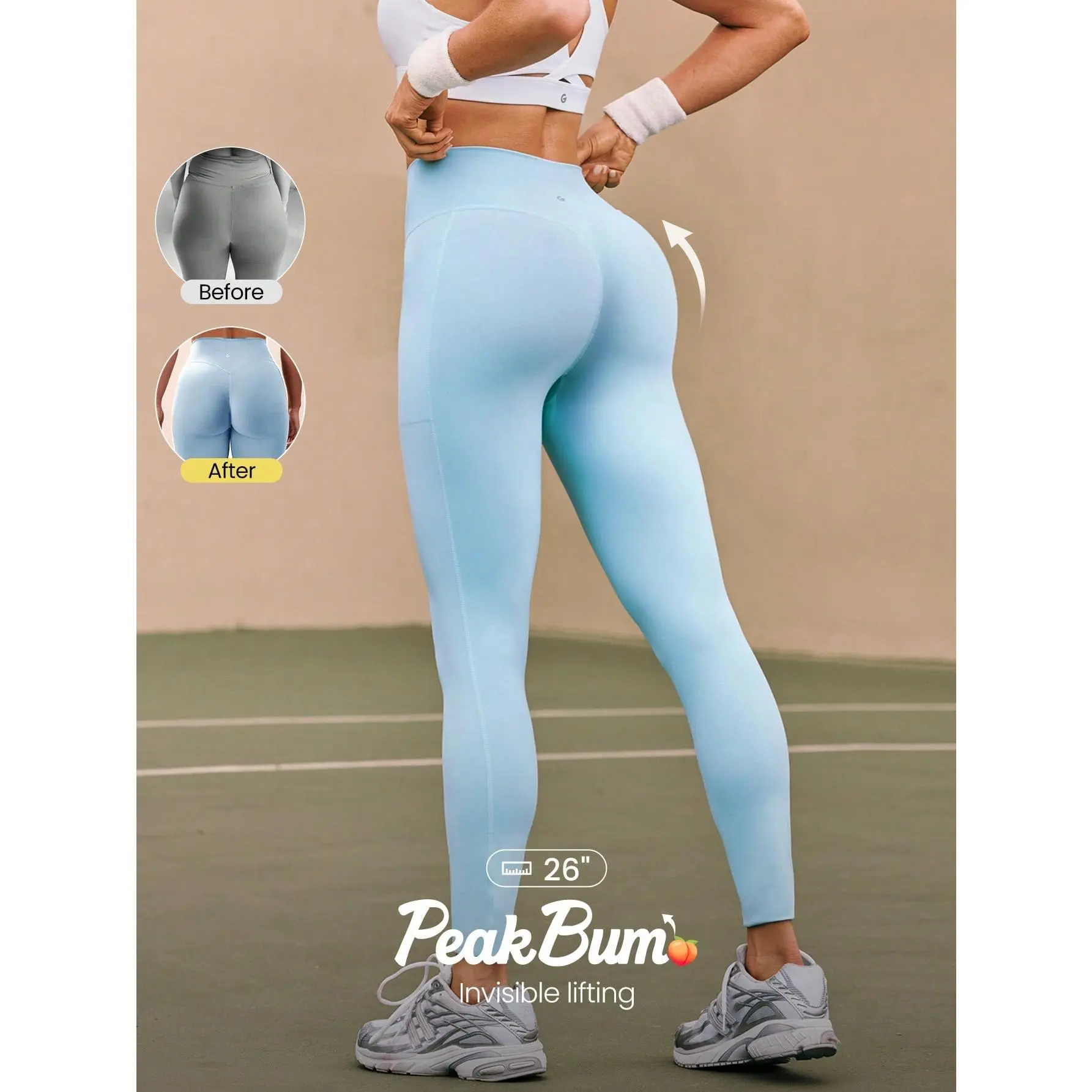 GLOWMODE 26" Powersculpt Prepare For Lift-Off Sweat-Wicking Quick-Dry Invisible Lifting Contouring Side Pockets Compression Leggings High Impact Training Workout Gym Running Active Wear