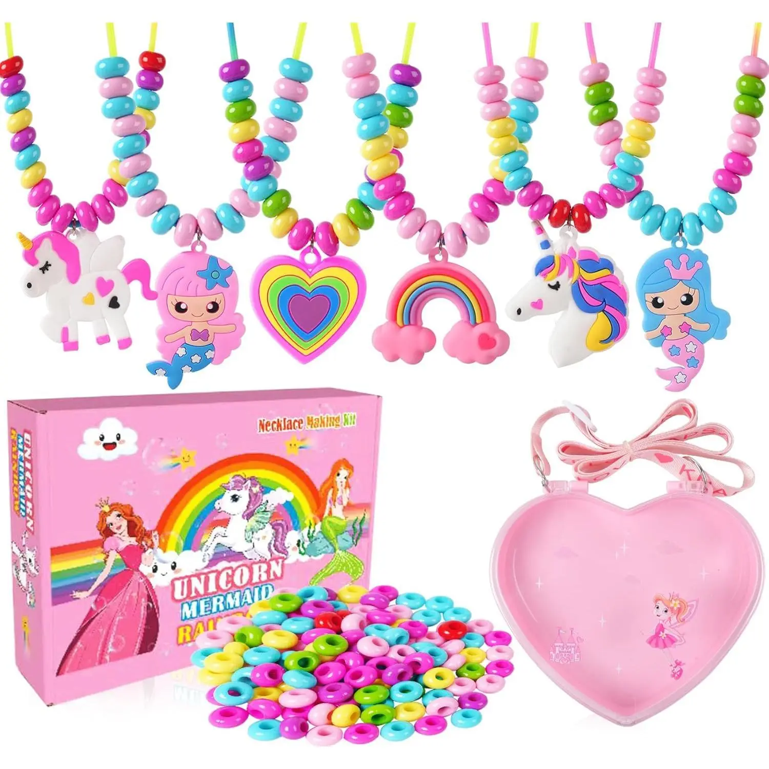SQ-HDJ060 DIY Jewelry Making Craft Kit for Girls - Unicorn Mermaid Charm Necklace Beads Supplies, 1 Portable Jewelry Box, Birthday Gift for Sister & Granddaughter on Thanksgiving Day, Besties