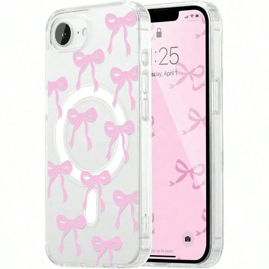Magnetic For iPhone17E 17promax 17air /16/15/14/13/12/11 Pro/Plus/Pro MaxCase, Bow Cute Case Compatible With, Wireless Slim Clear Ribbon Aesthetic Phone Cover Anti-Yellowing Shockproof Protective Cover For Women Girl -Y2K Pink
