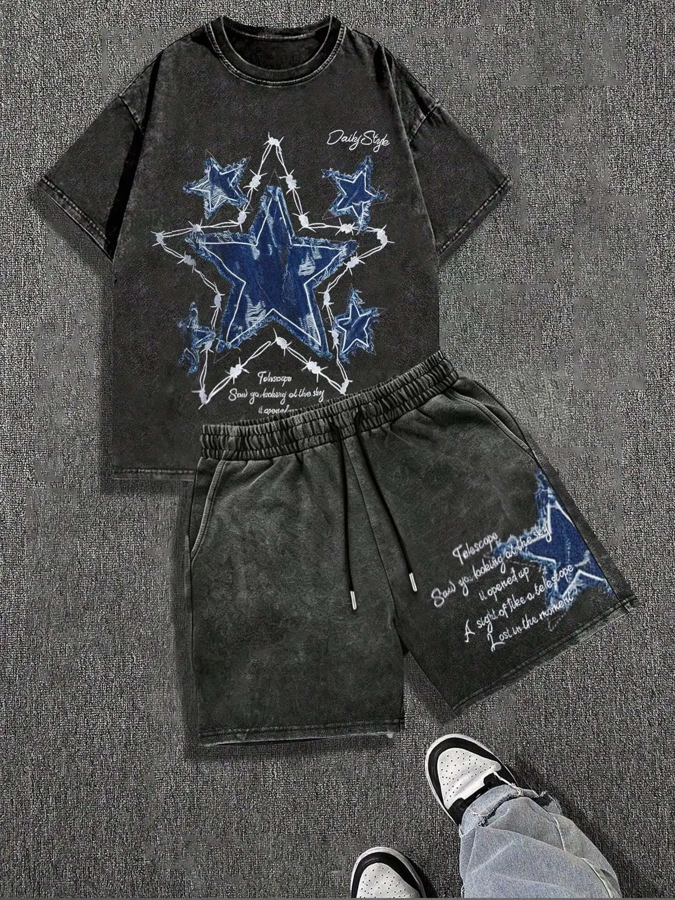 American High Street Washed Star Set, Matching Menswear, Denim Patch Thorn Star Print Short Sleeve + Drawstring Shorts, Loose Fit Unisex, Casual Style Clothes
