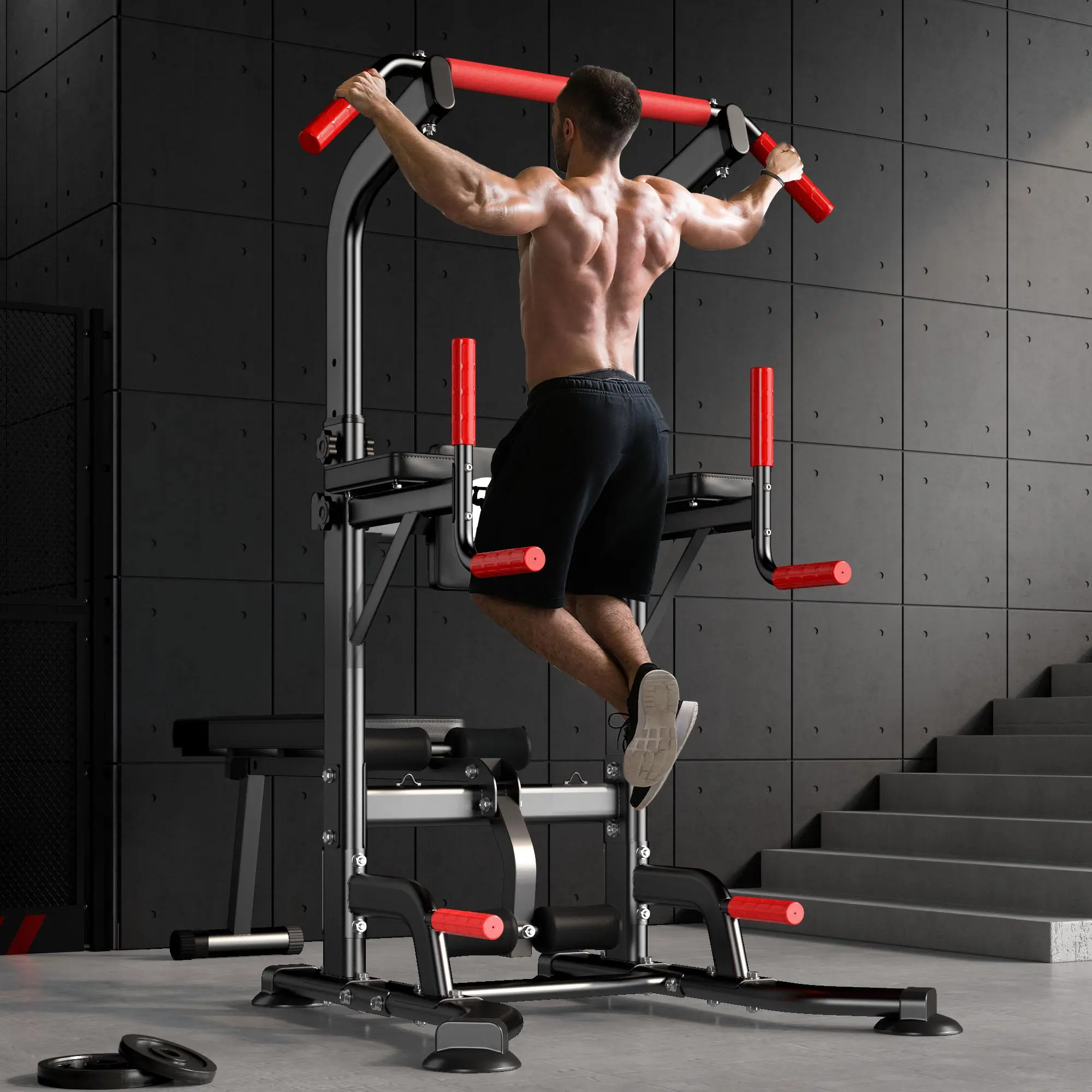 Nicole Selection Multi-Function Power Tower - Adjustable Pull Up & Dip Station with Folding Bench 330LBS Capacity Home Gym Equipment for Full Body Workout, 40YKMF6206B, For Christmas Gifts Home Gym Kit Pull Bar