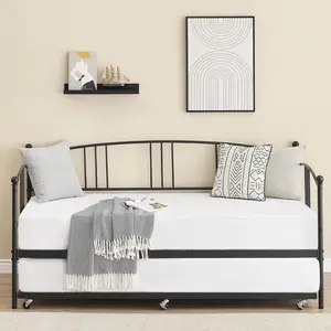Black Twin Metal Frame Daybed with Pull Out Bed Trundle, Steel Slat Support, 6 Casters, Headboard, No Box Spring Needed - Indoor Guest Sofa Bed for Living Room, Bedroom