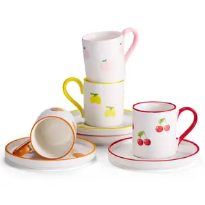 Hand Painted Porcelain Espresso Cups and Saucer Set, 3 oz, Set of 4, Multicolor