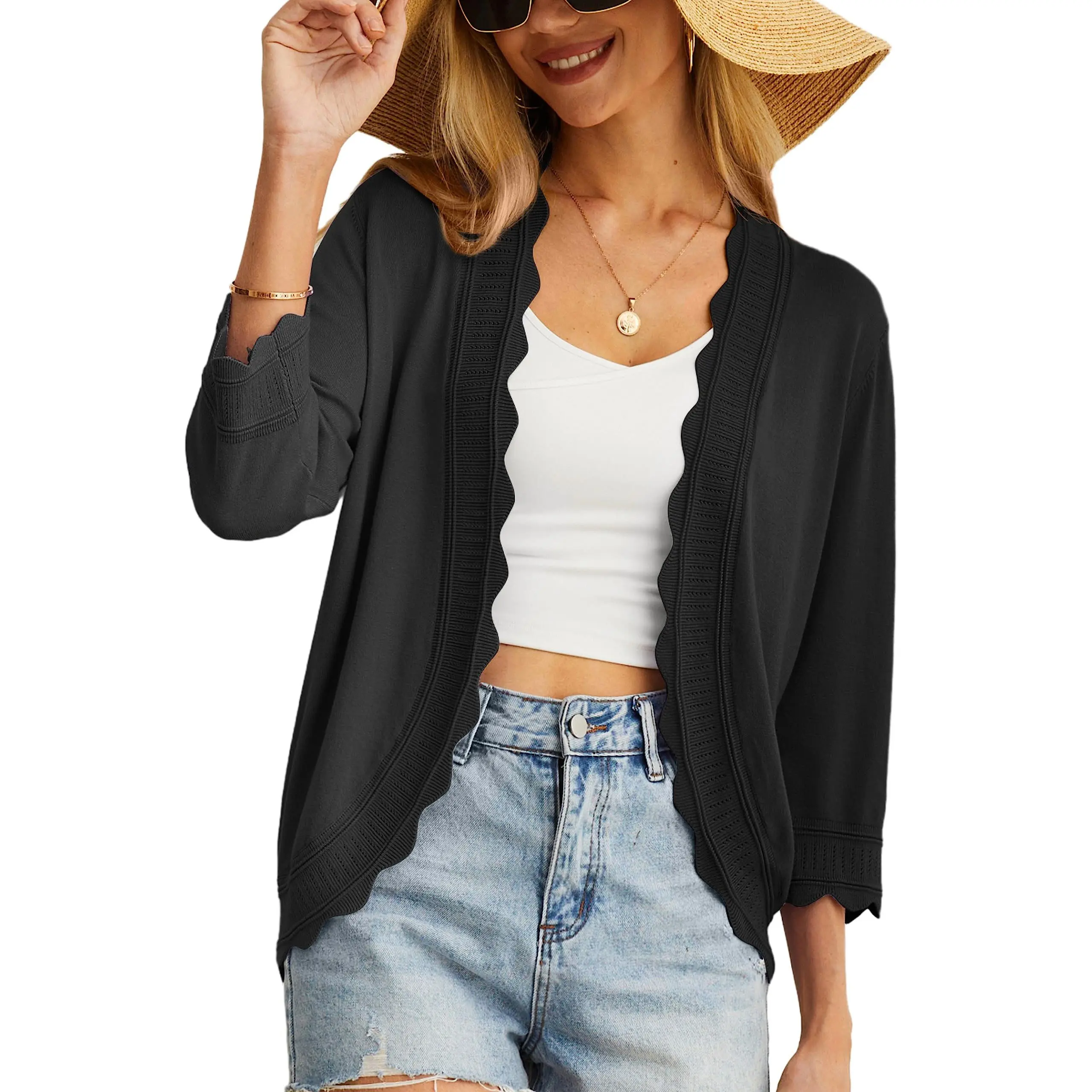 GRECERELLE Women's 3/4 Sleeve 2026 Summer Cardigan Lightweight Casual Open-Front Cropped Shrug Sweaters for Women
