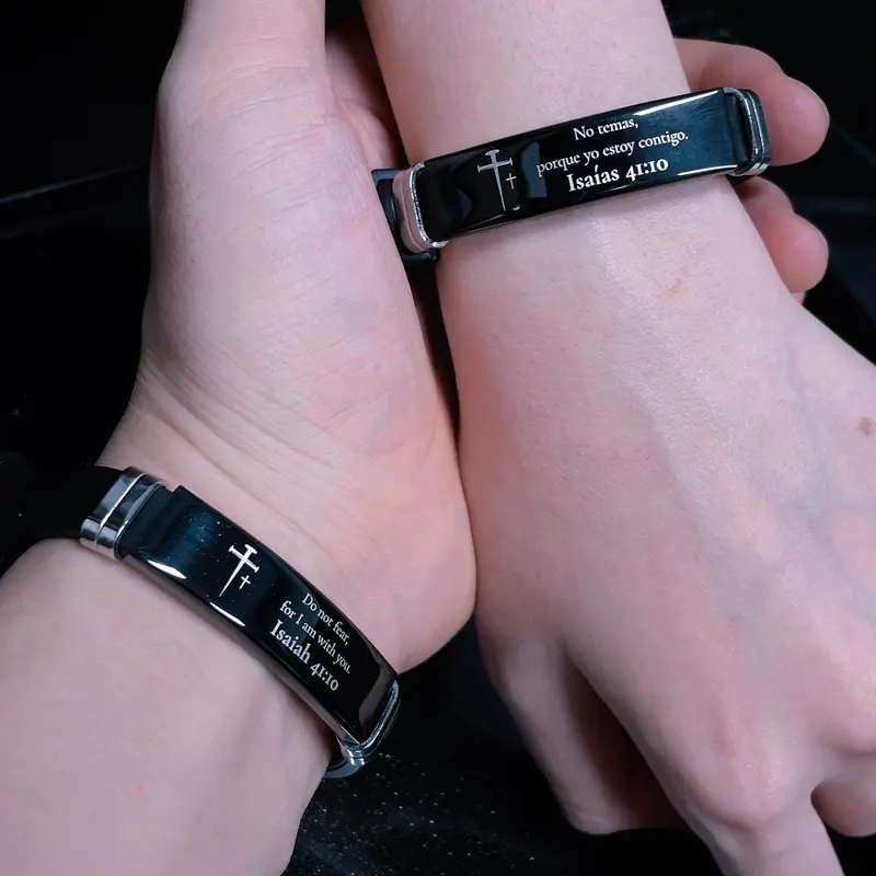 Faith Christian Silicone ID Bracelet - Adjustable Stainless Steel-Rubber, Inspirational Bible Verse Text, Cross Charm, Unisex Religious Jewelry Gift for Couples, Boyfriends, Christmas Fashion Accessory