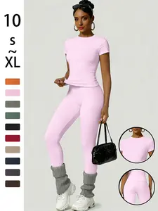 Women's Sporty Slim Fit High-Waisted Yoga Pants & Short Sleeves Set, Sportswear for Gym, Soft Breathable Activewear Workout Running Clothes for Gym Running Outdoor Activities