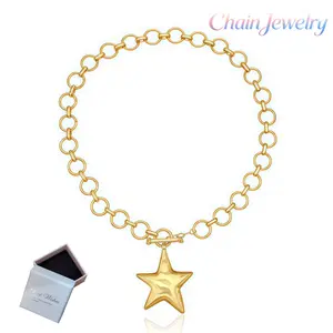 Gold Star Pendant Choker Necklace for Women Chunky Link Chain Toggle Clasp Statement Necklace