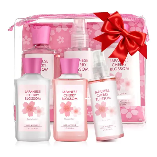 Bath and Body Travel Size Gift Set for Women – 3 Piece Shower Gel, Body Lotion & Fragrance Mist | Japanese Cherry Blossom Scent | Travel Essentials Spa Set | Birthday & Christmas Self Care Gift
