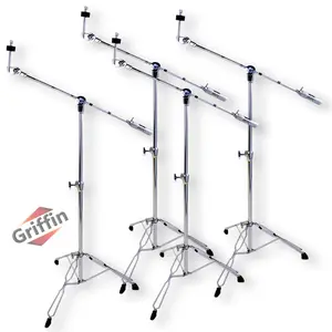 4 PACK Cymbal Boom Stands by GRIFFIN | Drum Kit Percussion Gear Chrome Hardware Set with Double Braced Tripod Legs | Drummers Counterweight Adapter for Mounting Heavy Duty Crash, Ride, Splash Cymbals
