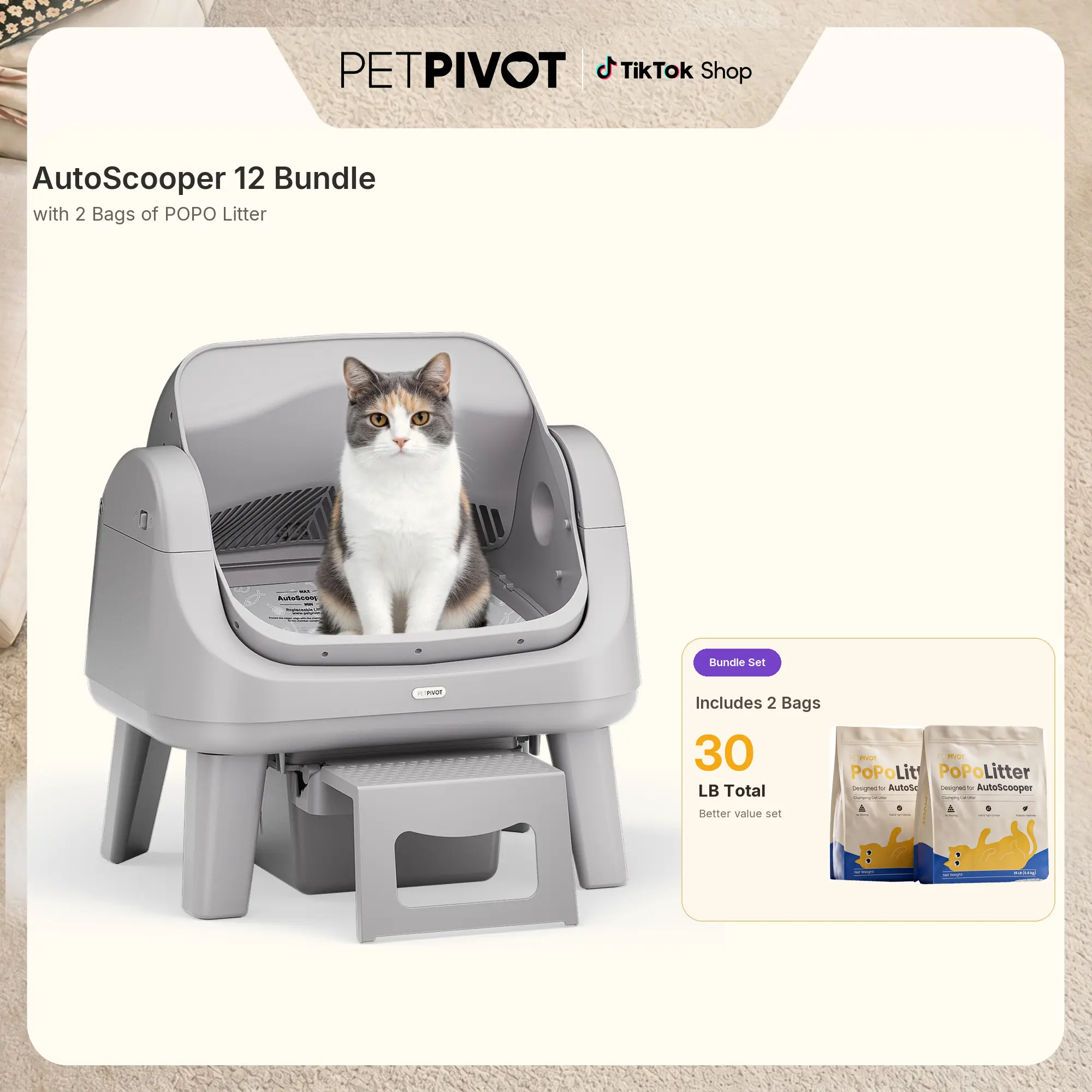 PetPivot AutoScooper 12 Lite Bundle with 2 Bags of POPO Litter, Open-Top Automatic Self-Cleaning Cat Litter Box with Easy-Entry Front Step, 30 lb Total, No App Required,back to school
