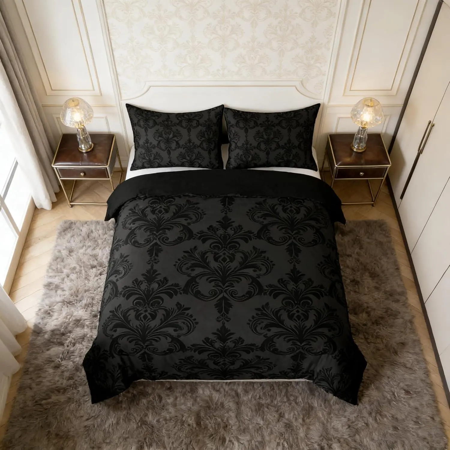 Feelyou Queen Size Black Damask Duvet Cover Set - Gothic Vintage Floral Bedding, Antique Victorian Baroque Quilt Cover, Adult Bedroom Decor (No Comforter), Duvet Cover Queen