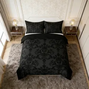 Feelyou Black Damask Duvet Cover Set - Gothic Vintage Floral Bedding, Antique Victorian Baroque Quilt Cover, Adult Room Decor (No Comforter, Queen Size Option Available), Bedding Sets
