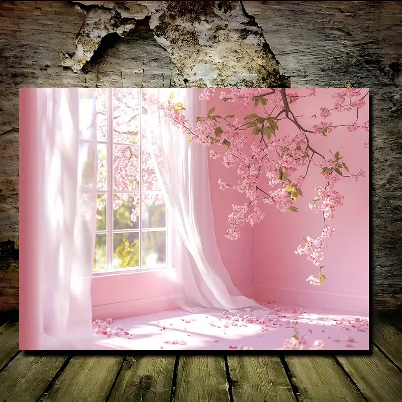 Artistic Pine Wood Framed Cherry Blossom Flower Canvas Print - Modern Floral Wall Art for Home Living Room, Bedroom Decor