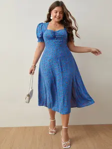 Ditsy Floral Print Ruched Bust Split Thigh Dress