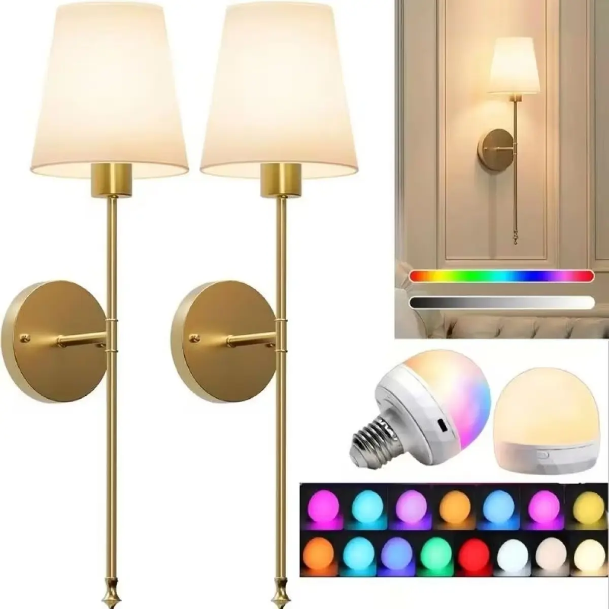 2-Pack Gold Battery-Powered RGB Wall Sconces - Rechargeable Cordless Indoor Wall Lights with Remote Control, 15-Color Dimmable Color Changing Mood Lighting, Easy Installation, Ideal for Bedroom Decor, Home Decor