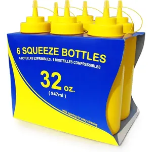 533739 Plastic Squeeze Bottles with caps, Wide Mouth, 32 oz, Yellow, Pack of 6