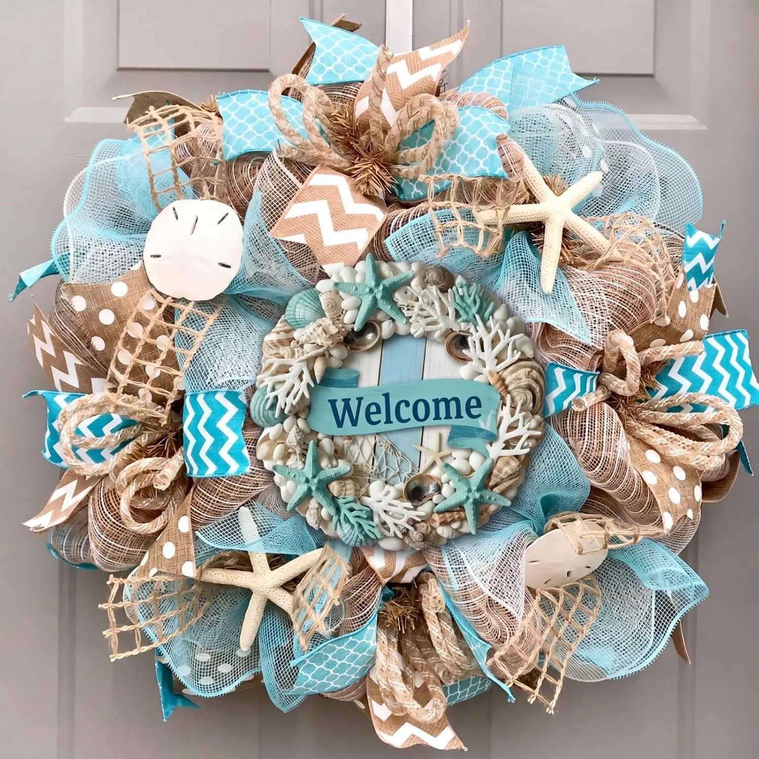 11.8 in Summer Beach Starfish-Seashell Wreath with Blue Coral, Round Print Front Door Decor - Hanging Sign for Home Porch, Friend Gift Backdrop Prop, Indoor-Outdoor Party Use, Colorful