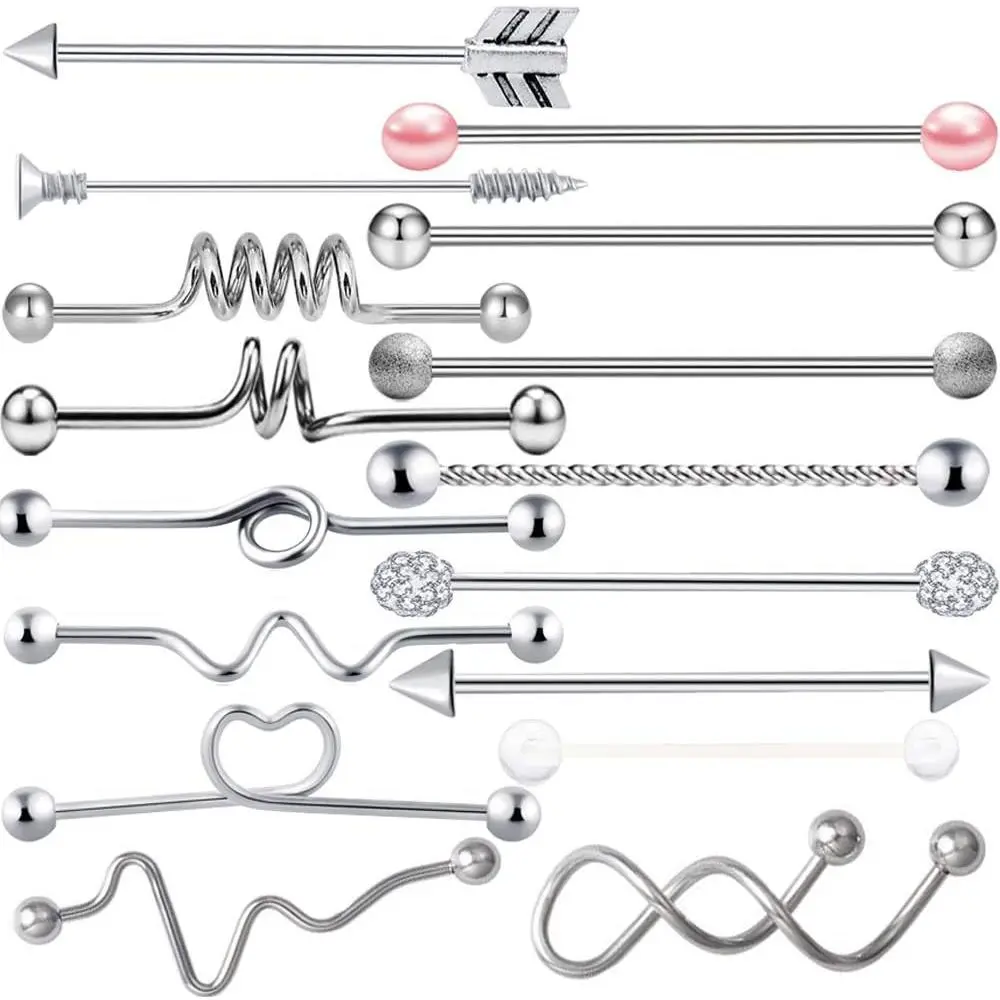 Women's & Men's 7-16pcs 14G Stainless Steel Industrial Piercing Bar Earrings - 38mm/1.5in Helix Jewelry, Snake Chain Dangle Body Jewelry Set with Metal Coating
