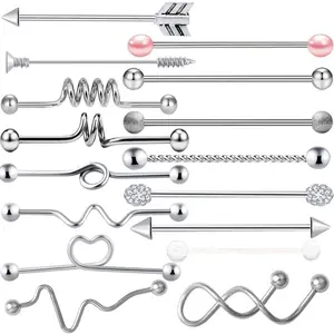 7-16pcs 14G Stainless Steel Industrial Piercing Barbell Earring Cartilage Body Jewelry 38mm 1&1/2 Inch Industrial Piercing Bar for Women Men Snake Chain Dangle