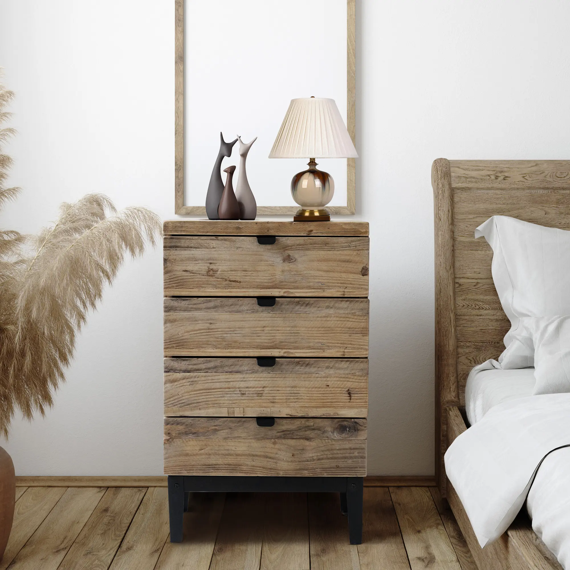 PieDle Farmhouse Nightstand Solid Wood Bedside Table with 3/4-Drawers Bedside End Tables Storage for Living Room, Hallway, Handmade Distressed, Natural, Set of 2