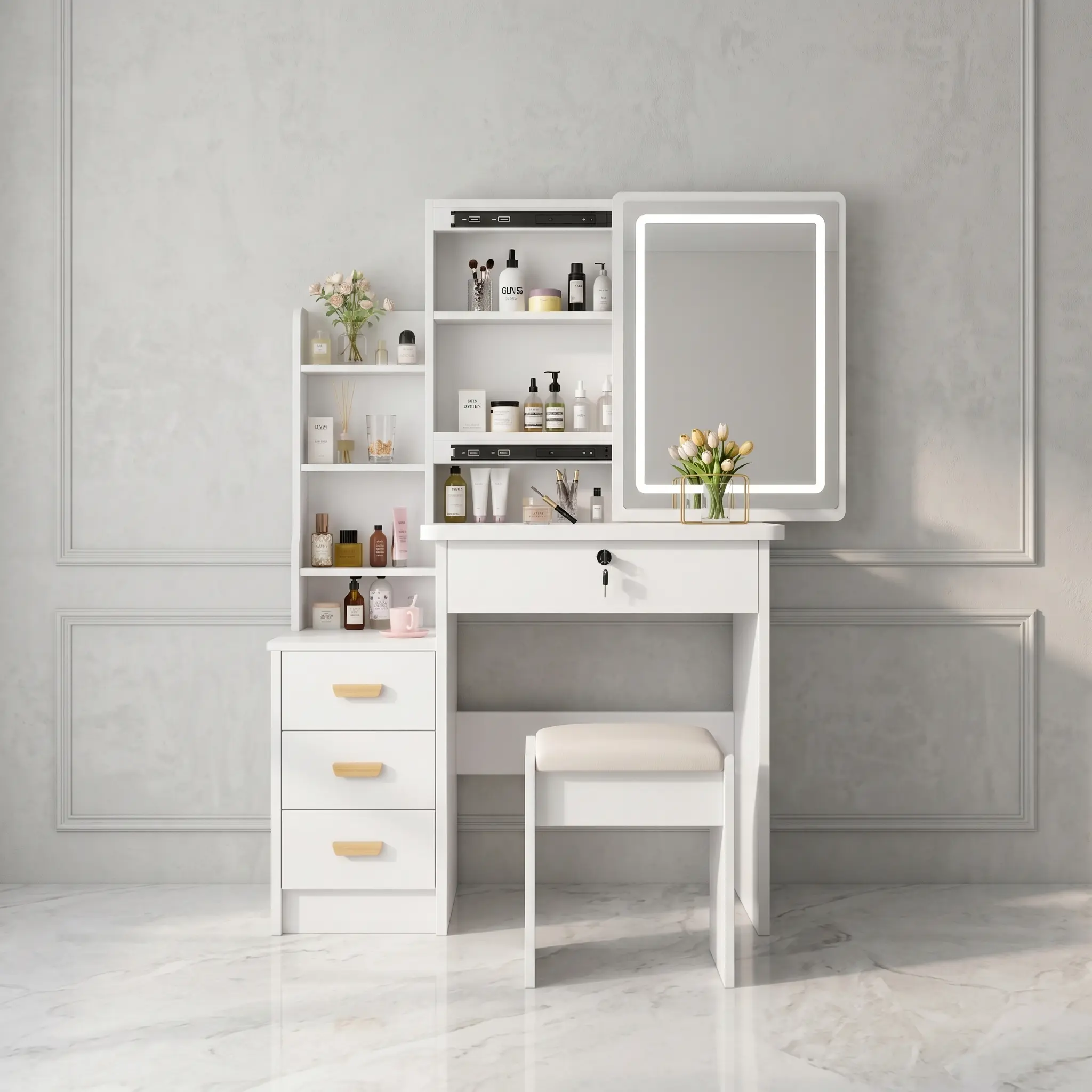 51.2 in Wood Modern Rectangular 3-Tone Touch LED Makeup Vanity Set with Smooth Finish Mirror, Lockable Drawers, Multi-Shelf Open Storage & Matching Soft Cushioned Stool for Bedroom Dressing