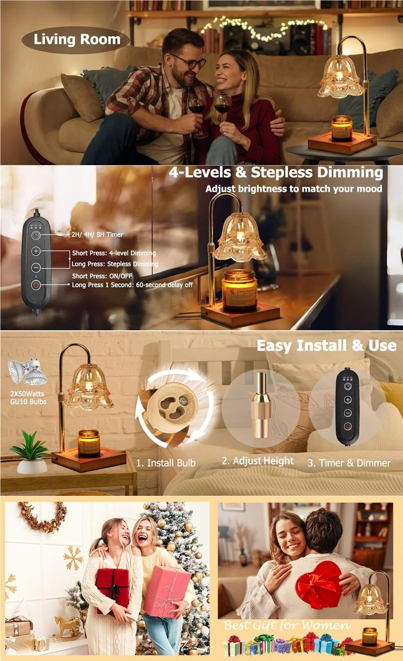 Candle Warmer Lamp Timer Function Dimmable Tulip Shaped Candle Warmer Light Height Adjustable Solid Wood Base Flameless Candle Melting Lamp For Bedroom Living Room