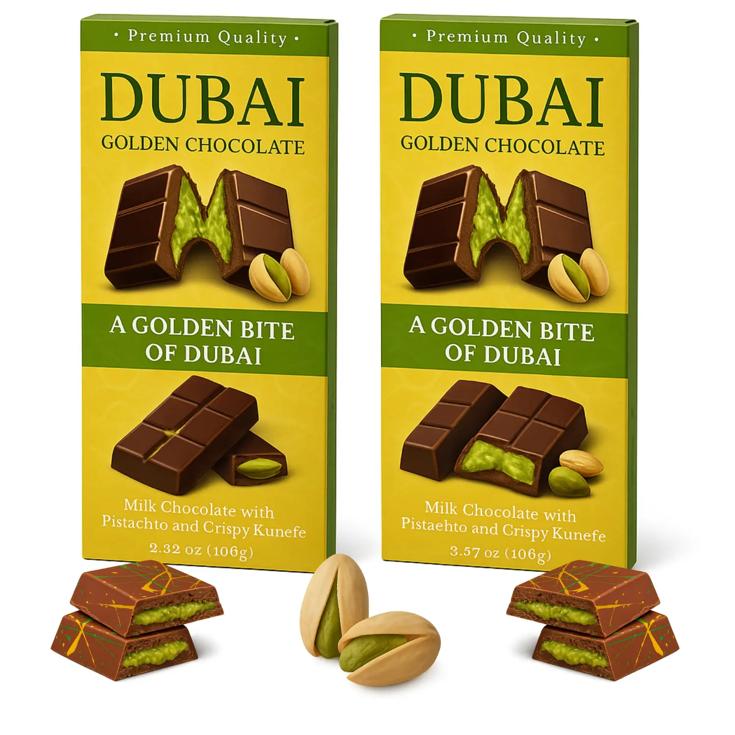 Gourmet Chocolatey Snack Bars (2-Pack) - Premium Milk Base, Pistachio & Kunefe Fillings, Luxury Exotic Dubai Chocolate Snack Treat, Chocolatey Snack Bar