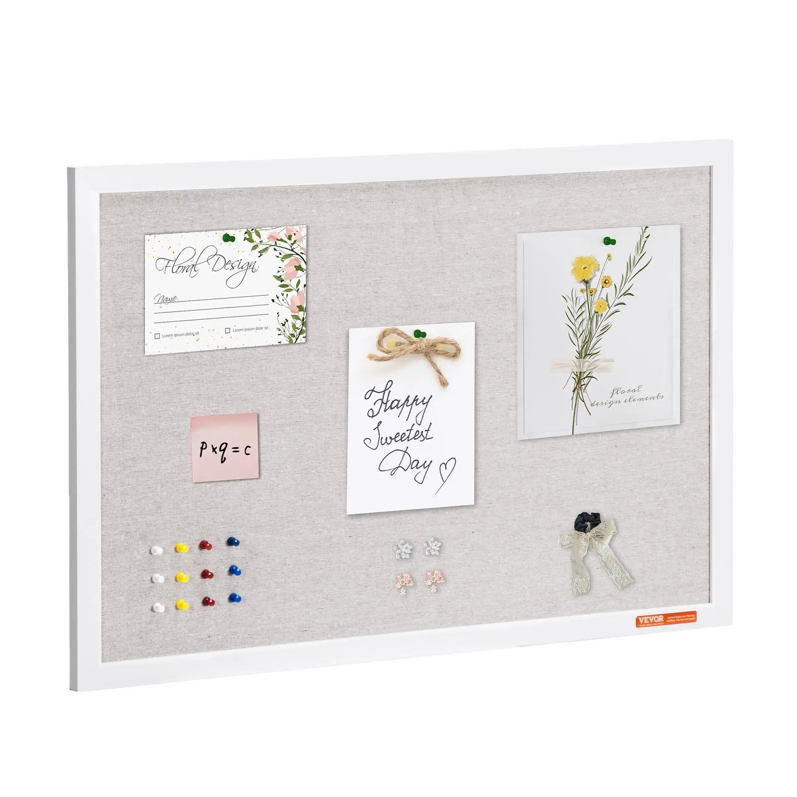 【SummerFinds】VEVOR 30"x20" White MDF Cork Pin Board with Linen Surface - Wall-Mount, Durable Frame, Scratch-Resistant Corners, 15 Push Pins, Complete Accessories - Stylish Functional Noticeboard for Managers, Home, Offices, Students