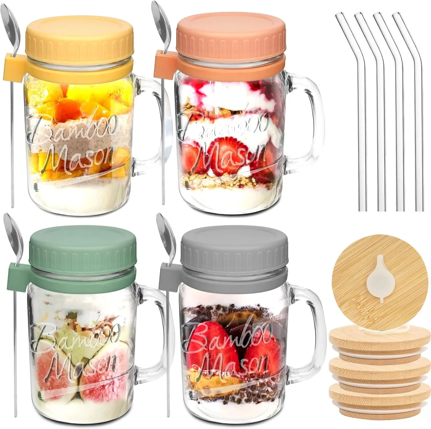 Mason Life 16 oz Overnight Oats Glass Jars Set of 4 - Airtight Leakproof Food Grade Canister Kitchen Storage Containers with Lids, Handles, Spoons for Yogurt, Cereal, Pudding