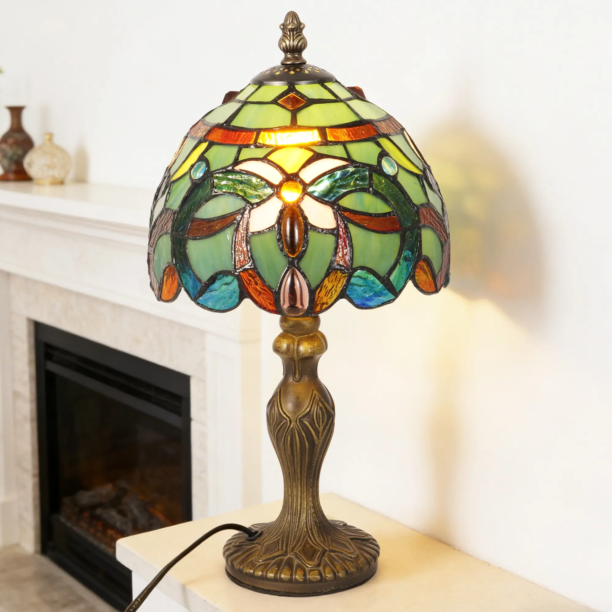 8 Inch Tiffany Style Stained Glass Table Lamp, Vintage Baroque Accent Lamp with Warm Light Bulb Included