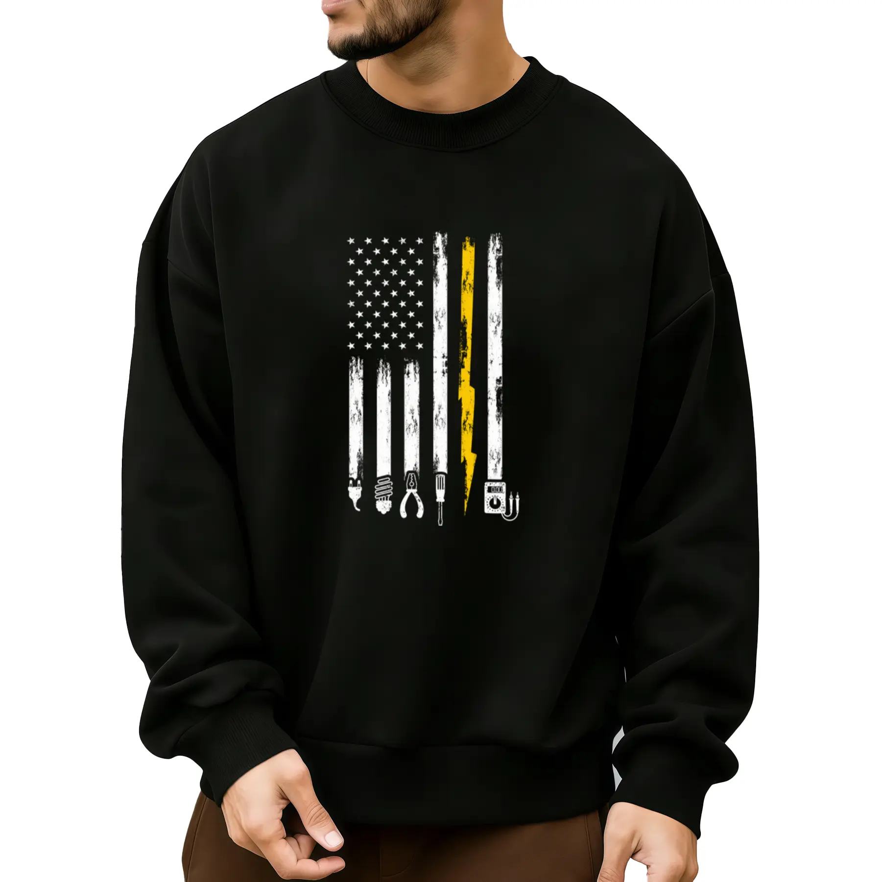 Unisex Electrician Long Sleeve Sweatshirt – Polyester with Retro US Flag & Tools Design, Perfect Casual Workwear Gift for Fathers and Husbands