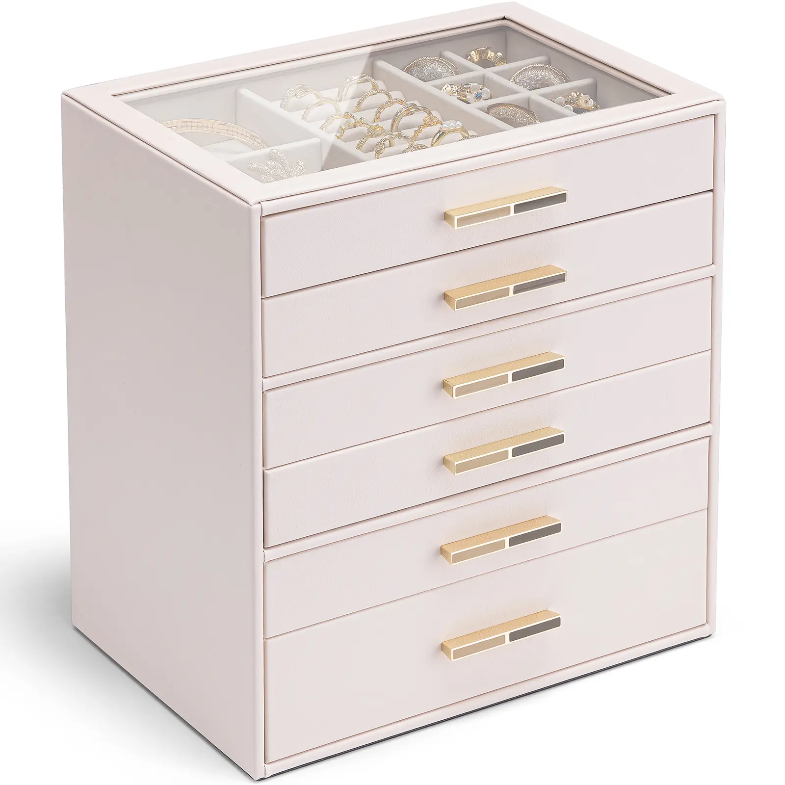VLANDO 6 Layer Jewelry Box for Women, Glass Lid Jewelry Organizer with 6 Drawers for Necklaces Rings Earrings Bracelets Display Box Multilayer Storage, Jewelry Cabinet, Durable Storage Organizer
