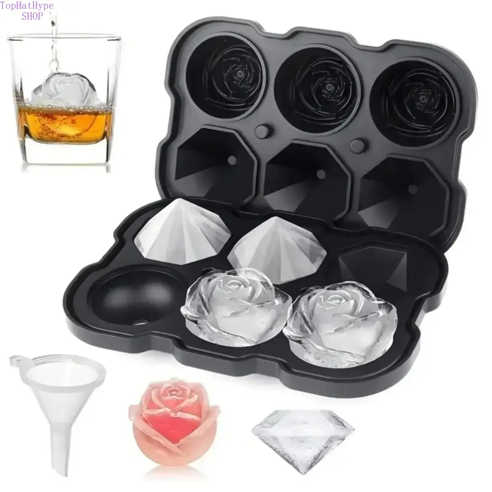 Rose & Diamond Shaped Silicone Ice Cube Tray with Lid - BPA-Free Flexible Easy-Release Mold, Home Bar Accessories, Freezer Ice Tray, Stylish Kitchen Gadget, Ideal for Cocktails Summer Gift, Ice Cube Trays For Freezer