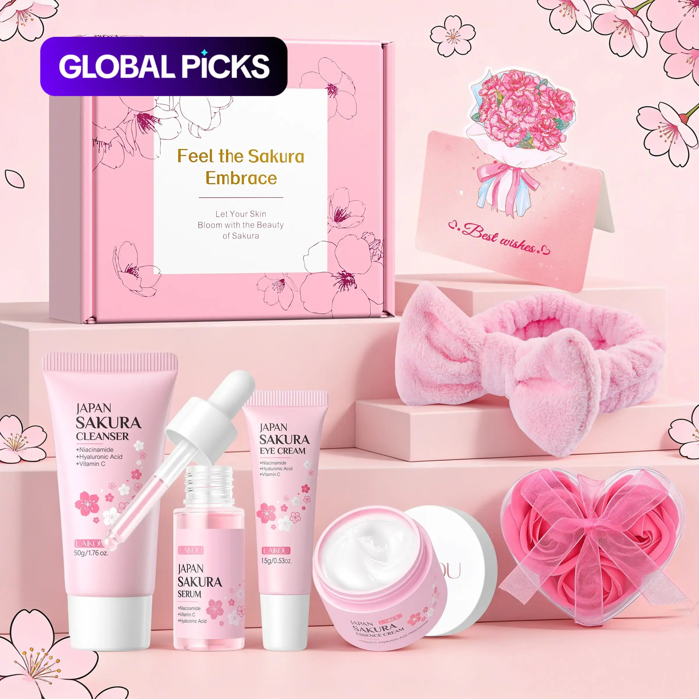 Laikou Sakura Skincare Set, Skincare Gift Set with Cleanser, Toner, Lotion, Serum, Eye Cream, Face Cream, Sunscreen, Mask, Card, Soap Flower and Hairband, Hydrating & Soothing Spa Gift Set, Birthday Gift, Skincare Kit for Women & Girls #GLOBAL PICKS