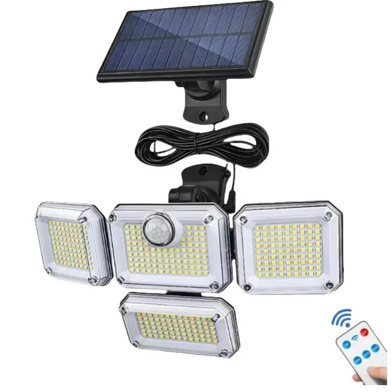 Solar Motion Sensor Outdoor Security Light w/ Remote, 4‑Head Adjustable LED Solar Wall Flood Light for Garage Yard Porch Driveway