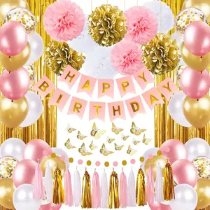 Pink and Gold Birthday Party Decorations for Women with Happy Birthday Banner Curtains Butterfly Wall Circle Dots Garland Tissue Pompoms Paper Tassels Garland for Her