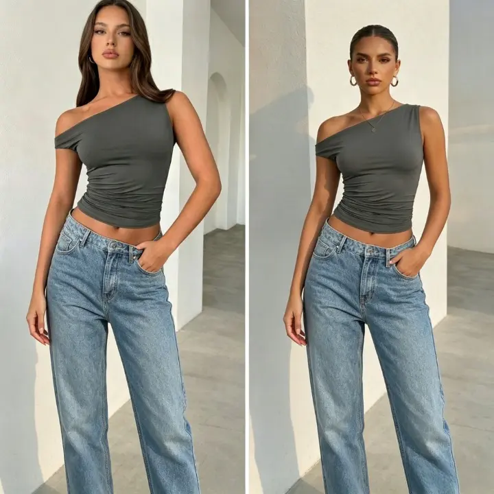 Women's Short-Sleeve/ Sleeveless Ruched Cold Shoulder Cute Trending Top - Plain Elastane Fabric, Basic Fit, Sexy Asymmetrical Oneshoulder Focus, Slim Breathable, Spring Summer Casual Streetwear, Creative Gift, Cute Tops, Chic, Style, Flattering Tops