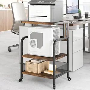 【GARVEE】Large Adjustable 3-Tier Rolling Printer Stand with Charging Station, Power Outlets, USB Ports, and Storage Shelf, Mobile Office Cart with Wheels for Printers, Scanners, Fax Machines, Home Use