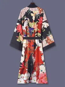 Elegant Women's Traditional Japanese Kimono Jacket, Floral Print Mid-Length Seven-Quarter Sleeve, Thin Outerwear, Ethnic Street Style, Beach Vacation Robe, Dress