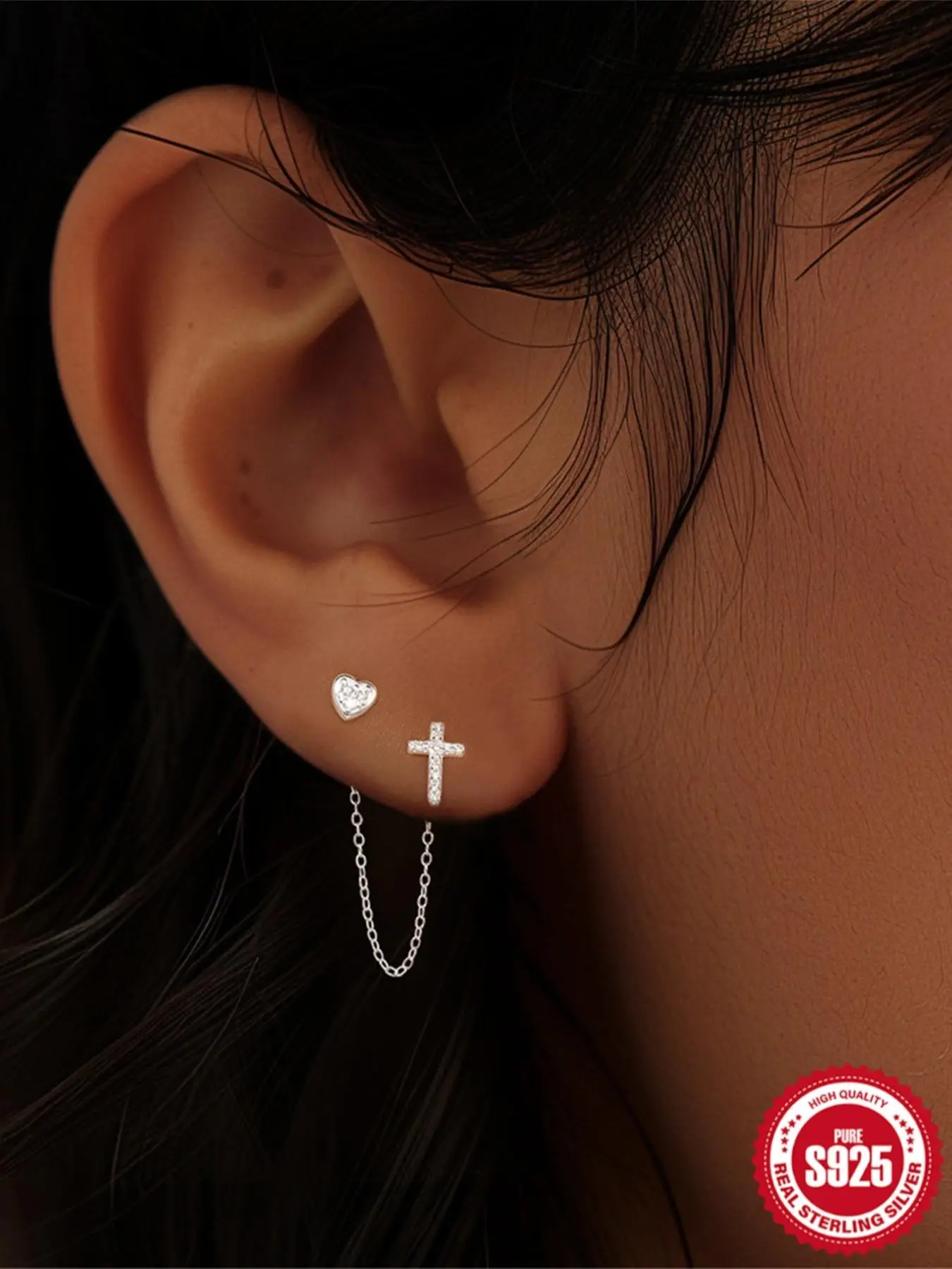 S925 Sterling Silver Cross & Heart Design Earrings, Fashionable Dangle Earrings for Women, Fashion Accessories for Party, Club, Birthday Anniversary G