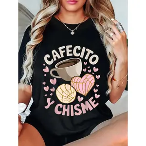 S-5XL Premium 180g 100% Cotton Cafecito Y Chisme T-Shirt| Unisex Latina Mexican Concha Pastry Graphic Tee, Viral 2026 Trending Coffee Lover Casual Short Sleeve Shirt for Women