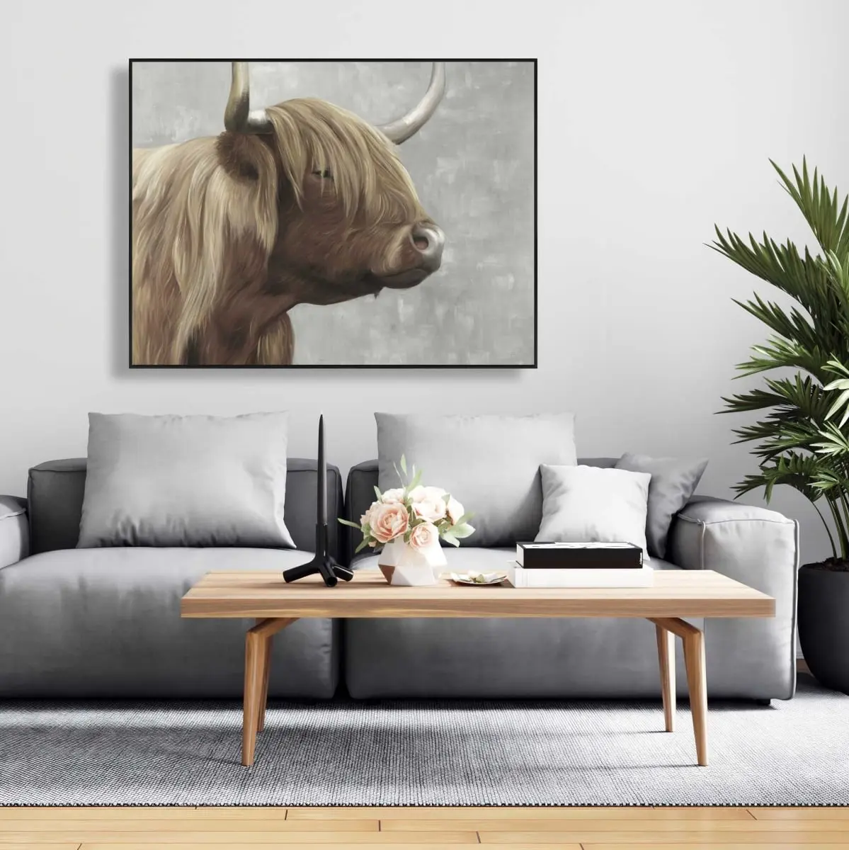 Begin Home Decor C1FC364882VU93 36 x 48 in. Beautiful Desaturated Highland Cattle - Black Framed Canvas