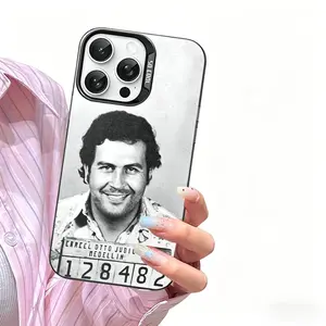 Pablo Escobar design on a silver phone case, compatible with iPhone 17, 16, 15, 14, 13, and 12. Matte, shockproof design.