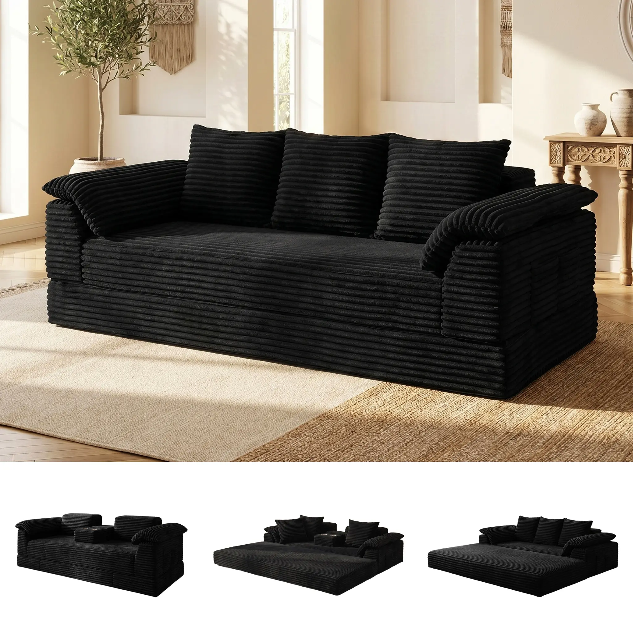 4-in-1 Extendable Folding 3-Seater Boneless Sofa Bed with Cup Holders - No Assembly Needed, Space-Saving Comfy Couch, Sofas Living Room Indoor Plush Chaise Lounge for Bedroom