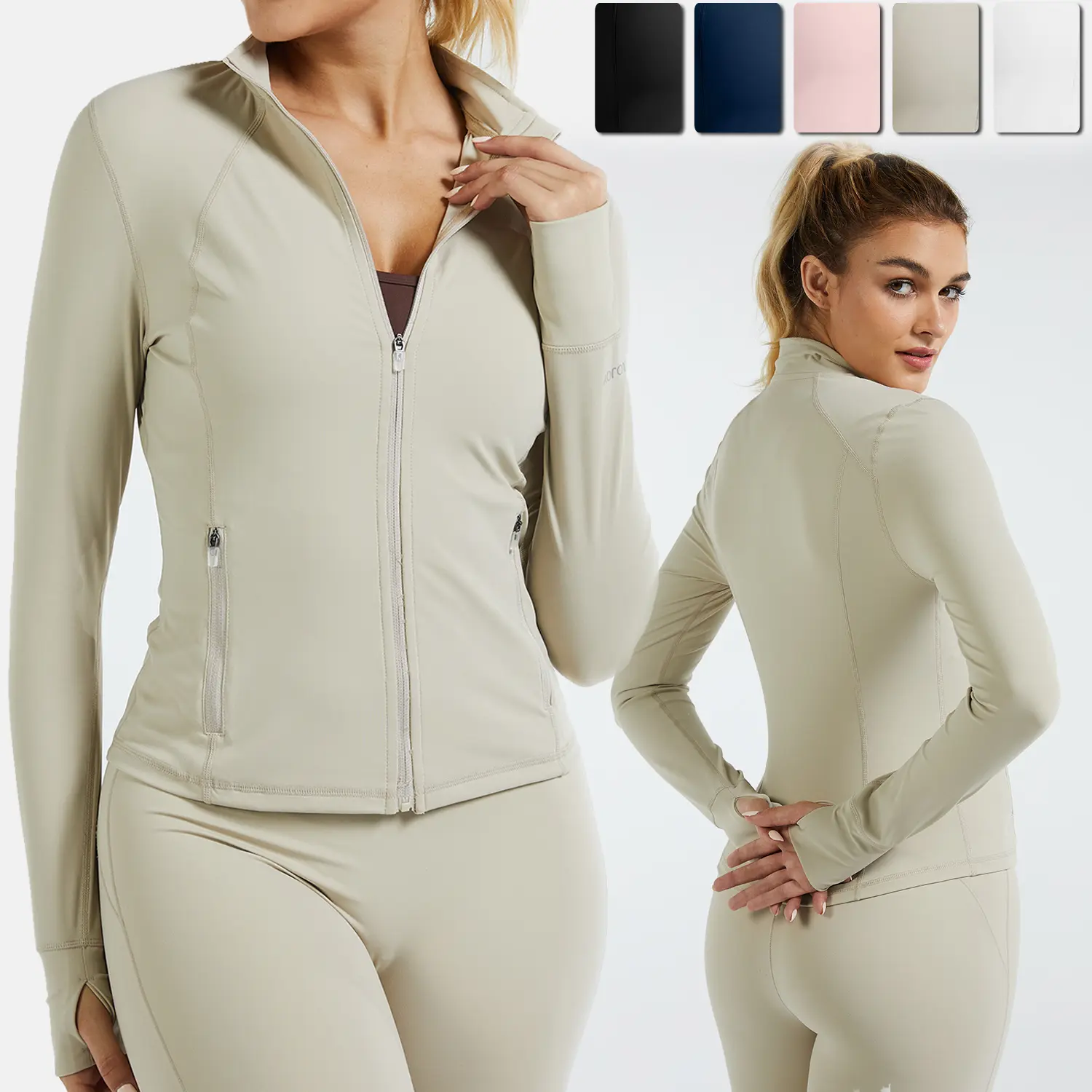 RIOJOY Women's Basic Long Sleeve BBL Jacket - Spandex Fabric, Lightweight Stand-Up Collar, Full Zipper, Thumb Holes, Pockets, Quick Dry, Breathable, Slim Fit Reflective Outwear for Workout