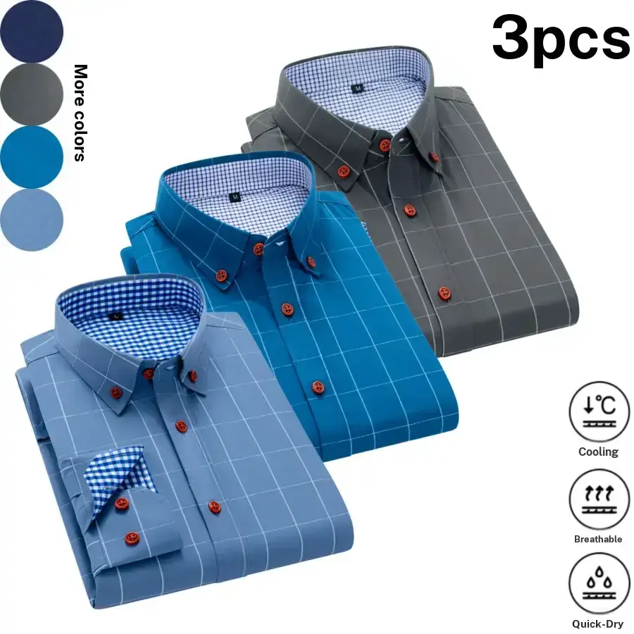 Three piece plaid color block men’s long sleeve shirts in a business casual style. Featuring a buttoned notched collar design for a sharp look, red buttons add refined details, and blue and white plaid lining provides visual depth. The long sleeve fit is