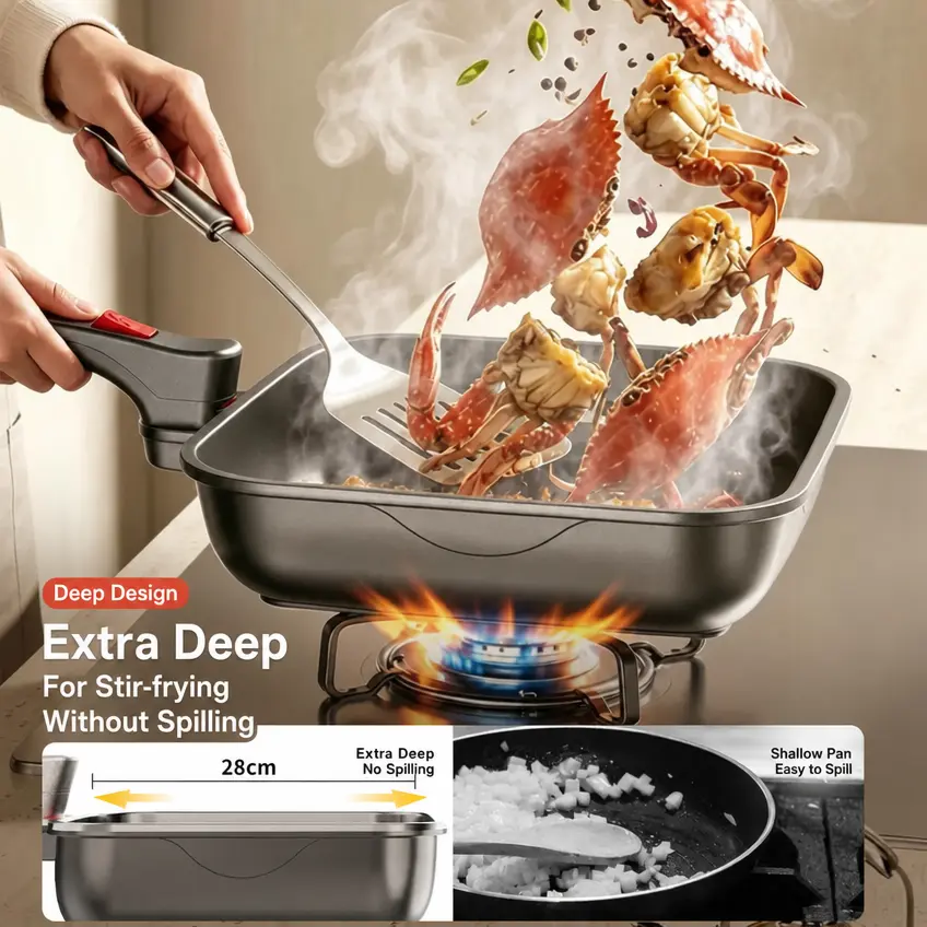 Nonstick TitaniumFrying Pan Skillet - ThermalAluminium Core, Twist Stay-Cool Handle, Micro-PressureGlass Lid, Deep & VersatileExtra-Deep 3-Section Design,Rapid Heat Conduction,Induction Compatible, Space-Saving for Healthy HouseholdCooking