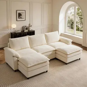 HIPIHOM 108" U-Shaped Modular Sectional Cloud Couch, 5-Seater Cream Chenille Sofa Bed with 2 Movable Ottomans & 5 Pillows, Deep Seat Plush Cushions, Breathable Skin-Friendly Fabric, Free Combination Design for Living Room, Bedroom & Apartment