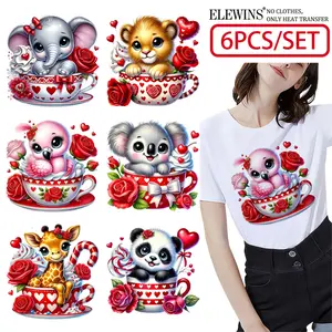 6 Valentine's Day Animal Hot Stamping Transfers, perfect for t-shirts, hoodies, jeans, backpacks, and pillows, machine washable plastic, holiday gift idea, Decoration, Craft | Washable plastic stickers suitable for men and women.