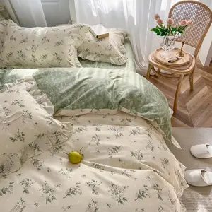 Reversible Sage Green Floral Duvet Cover Set Queen Size - 100% Cotton Cute Botanical Patterns Bedding Set with Ruffle Lace, 3PCs Beige Soft Aesthetic Cottagecore Style Duvet Cover for Girls
